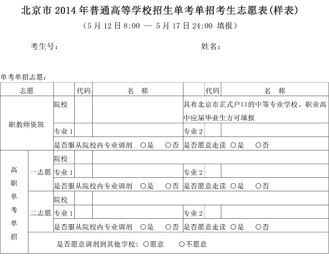 最新或2022（历届）年北京高考单考单招志愿填报表（样表）