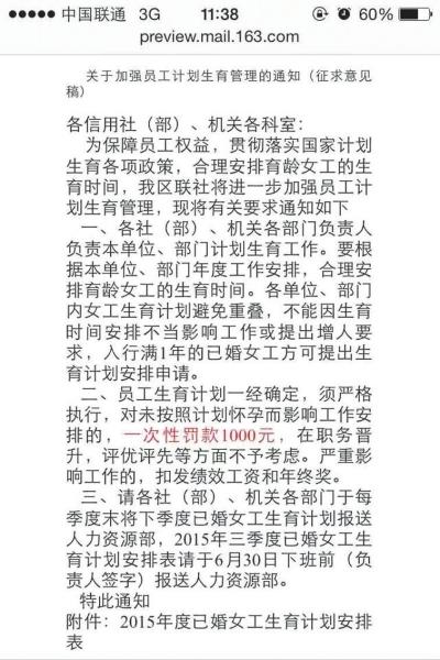 奇葩规定：按规定时间怀孕 不按规定奖罚款